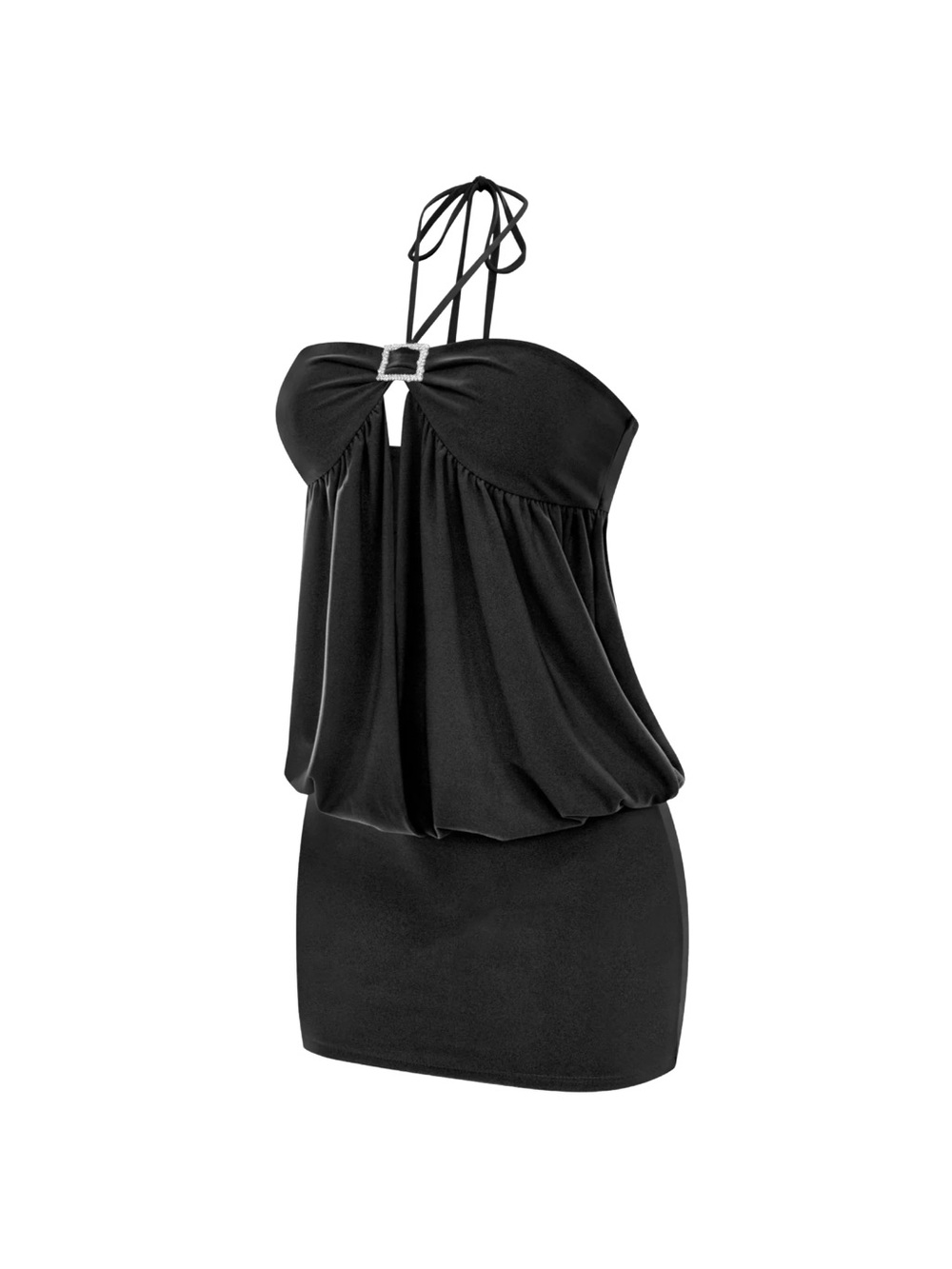 Strappy Black Halter Mini Dress with Rhinestone Detail